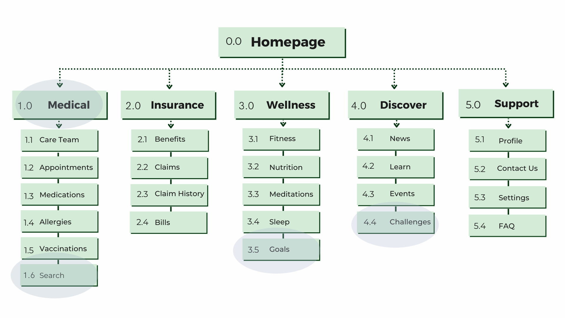Old site map before card sorting. Major changes included goals, challenges, 