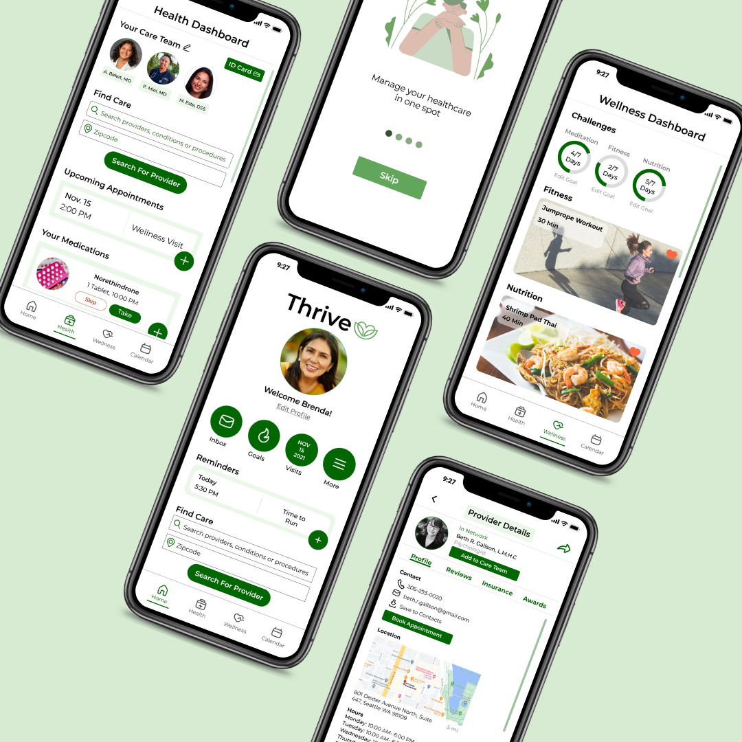 A picture showing various screens from the thrive app.