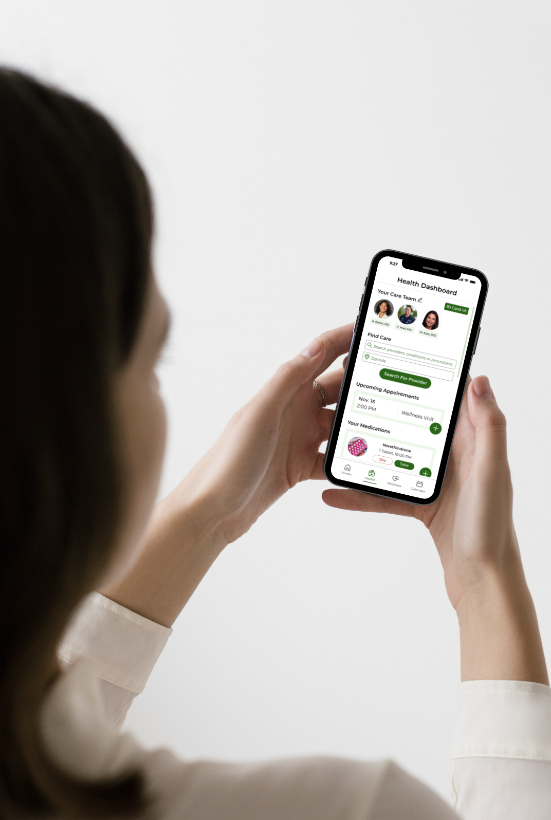 Picture showing someone holding a phone with the Thrive app design. 