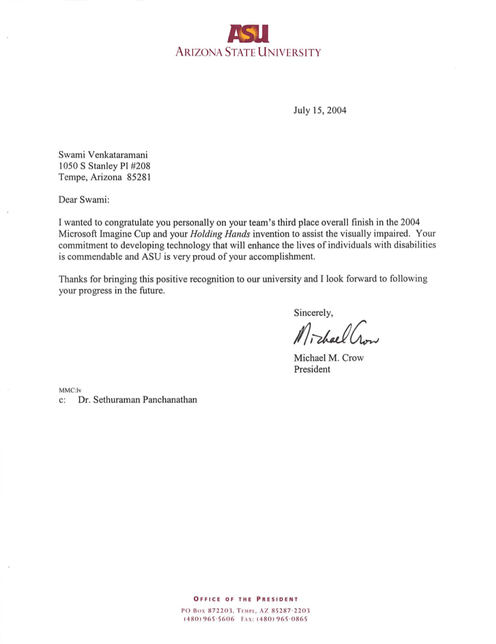 A nice letter we received from ASU’s president.