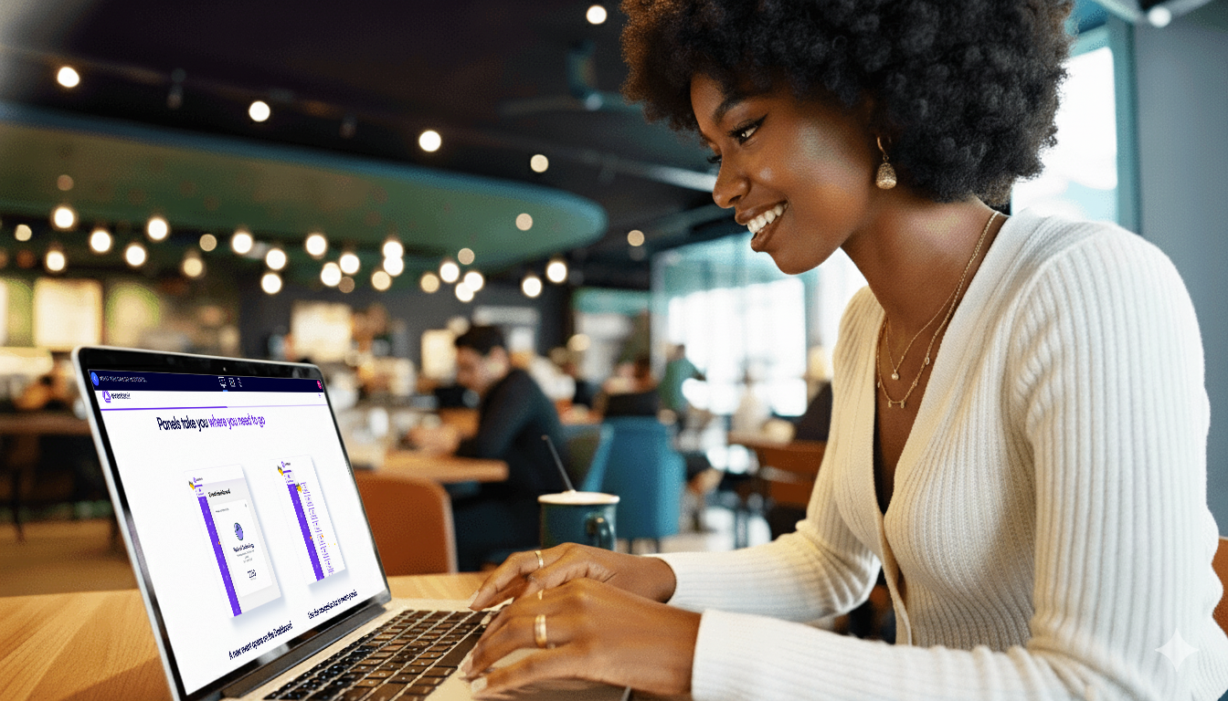 A smiling Black woman with an afro works on a laptop in a cafe, showcasing a digital interface with purple elements, ideal for tech and business-related content.
