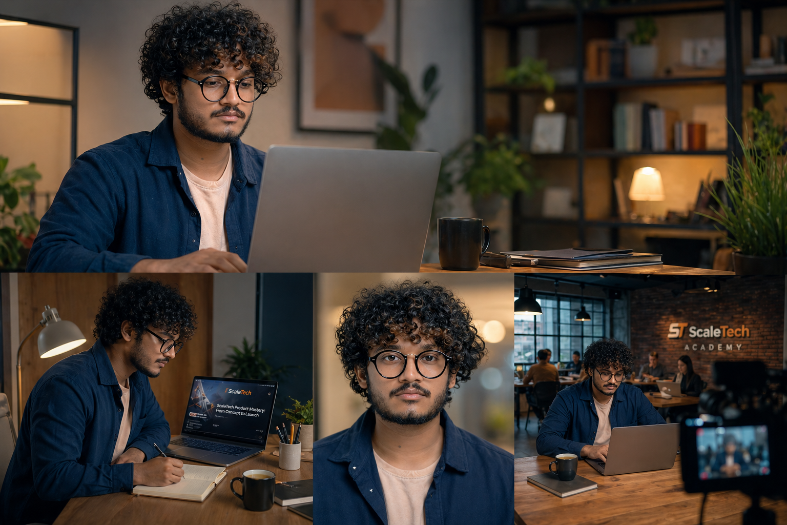 A professional man with curly hair and glasses working on a laptop in a modern home office, shown in multiple scenes writing notes, recording video content, and participating in a workspace, representing online learning, content creation, and customer education.