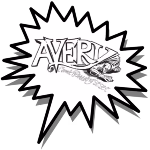 White comic-style speech bubble with 'AVERY' and an illustration of a person crawling inside it on a black background.