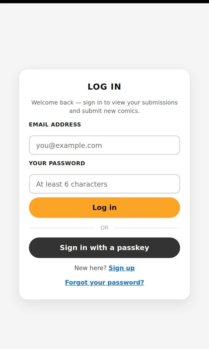 The Avery Comic Pressing sign-in card: an email address field, a password field, a Log in button, a Sign in with a passkey button, a Sign up link and a Forgot your password link