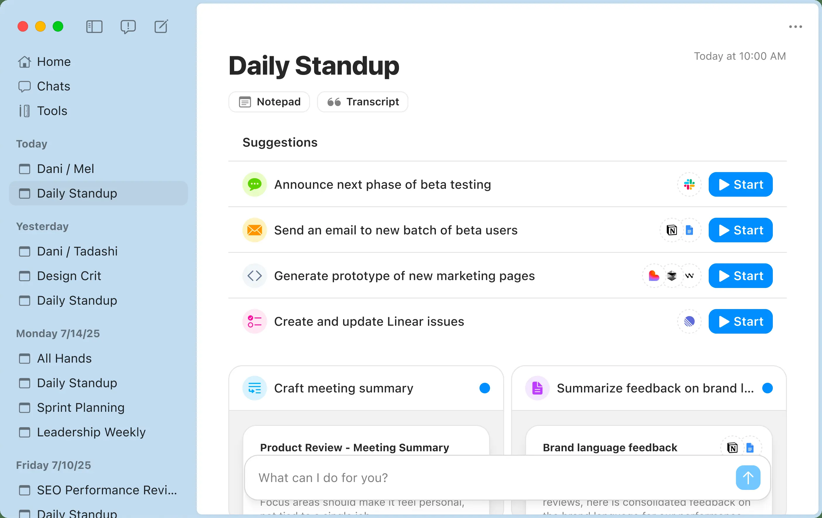 Radiant app interface showing suggested next steps like drafts, templates, tickets, and integrations with tools such as Notion, Slack, Google Docs, and Linear to simplify workflows.