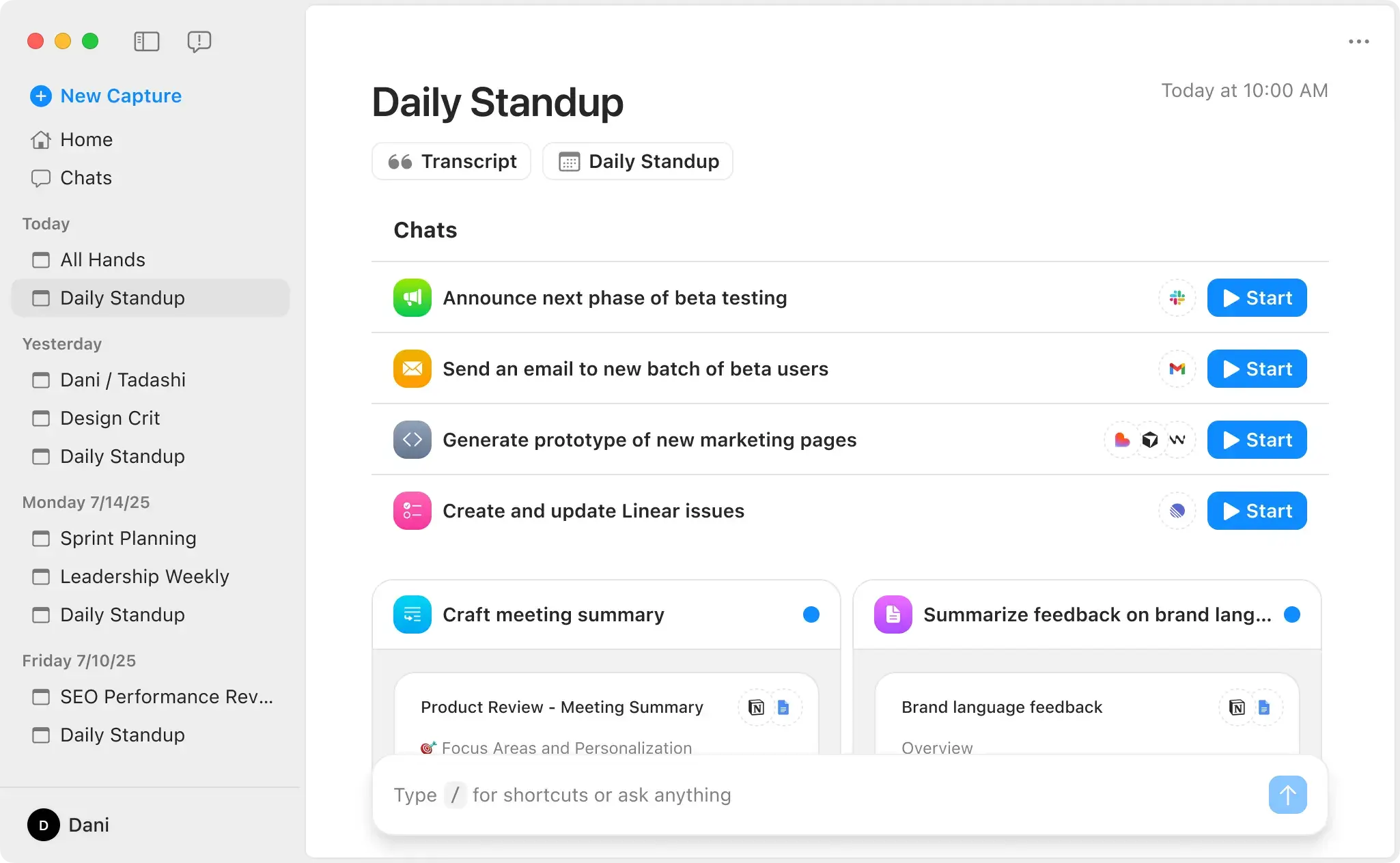 Radiant app interface showing suggested next steps like drafts, templates, tickets, and integrations with tools such as Notion, Slack, Google Docs, and Linear to simplify workflows.