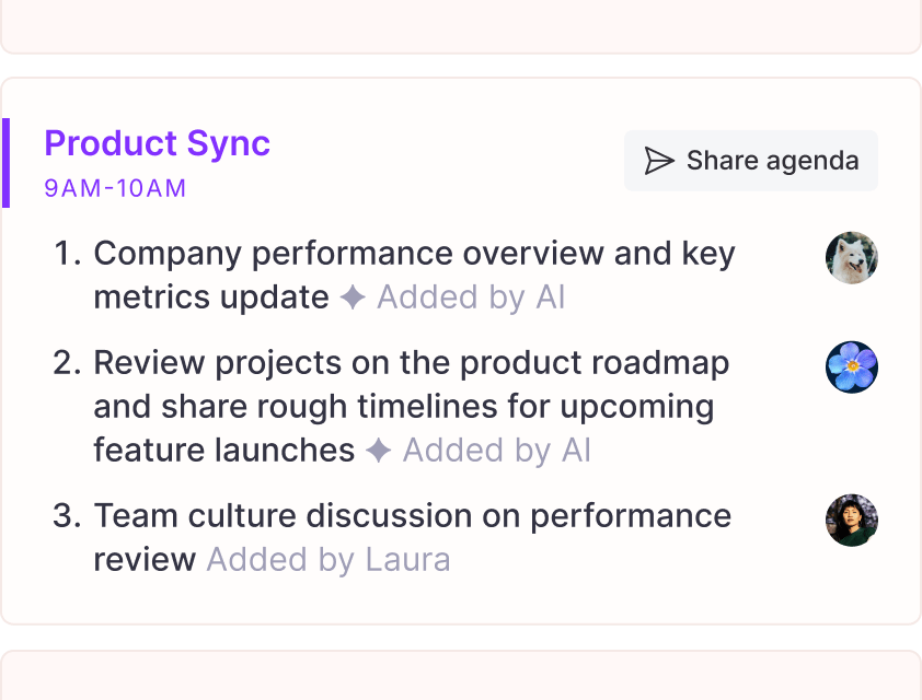 Visual showing how Supernormal helps product managers create structured meeting agendas to stay focused and aligned.