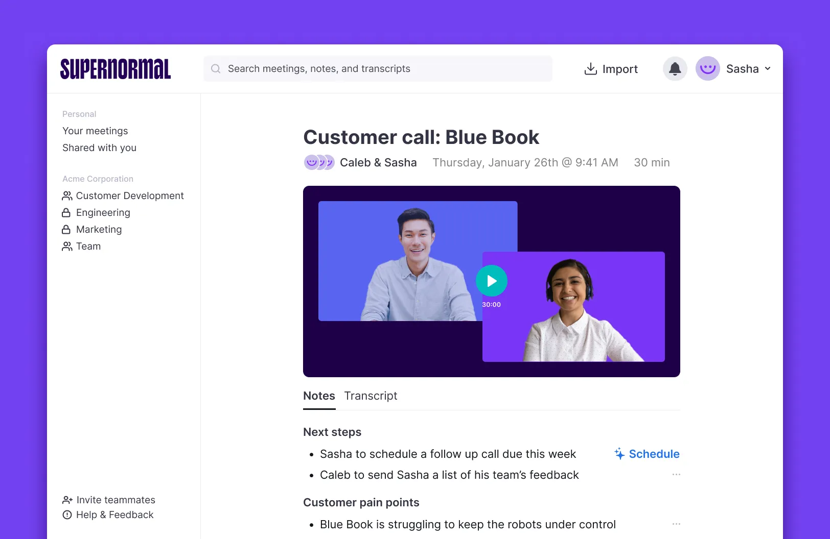 Visual showing how Supernormal captures meeting discussions, helping product managers track key decisions and next steps automatically.