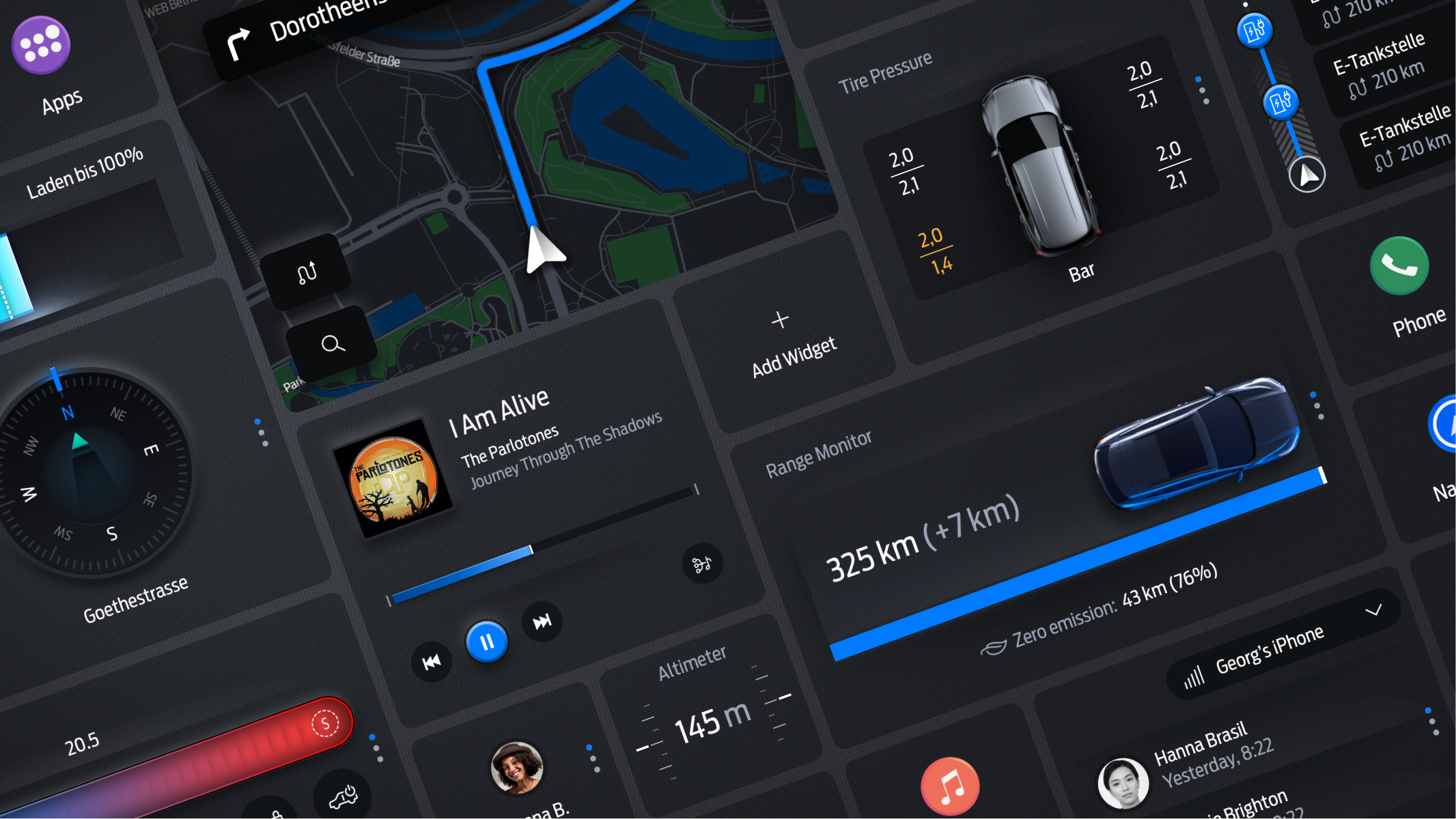 Collage of Explorer EV production UI widgets: navigation map, tire pressure, range monitor, media player, charging and phone