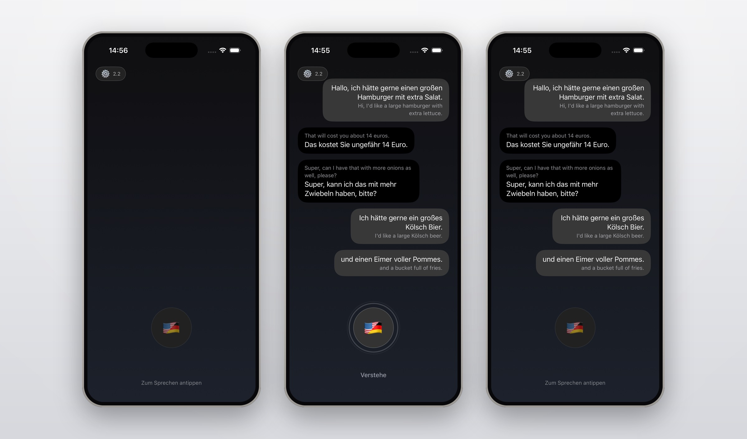 Three iPhones: the app waiting, listening, and mid-conversation