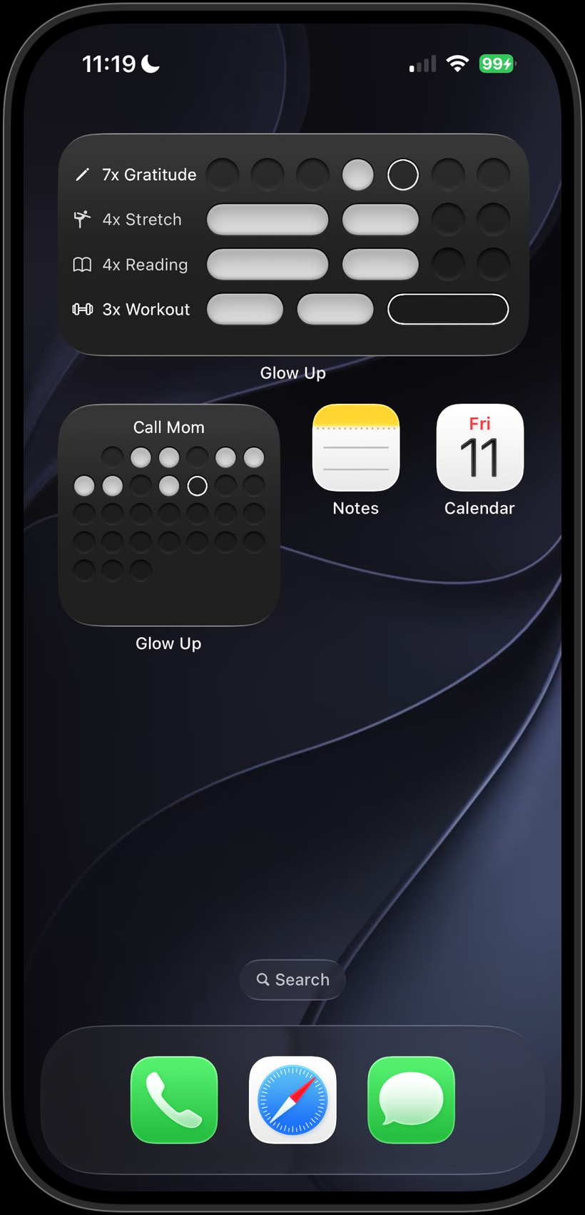 iPhone home screen with the medium and small Glow Up widgets on a dark wallpaper
