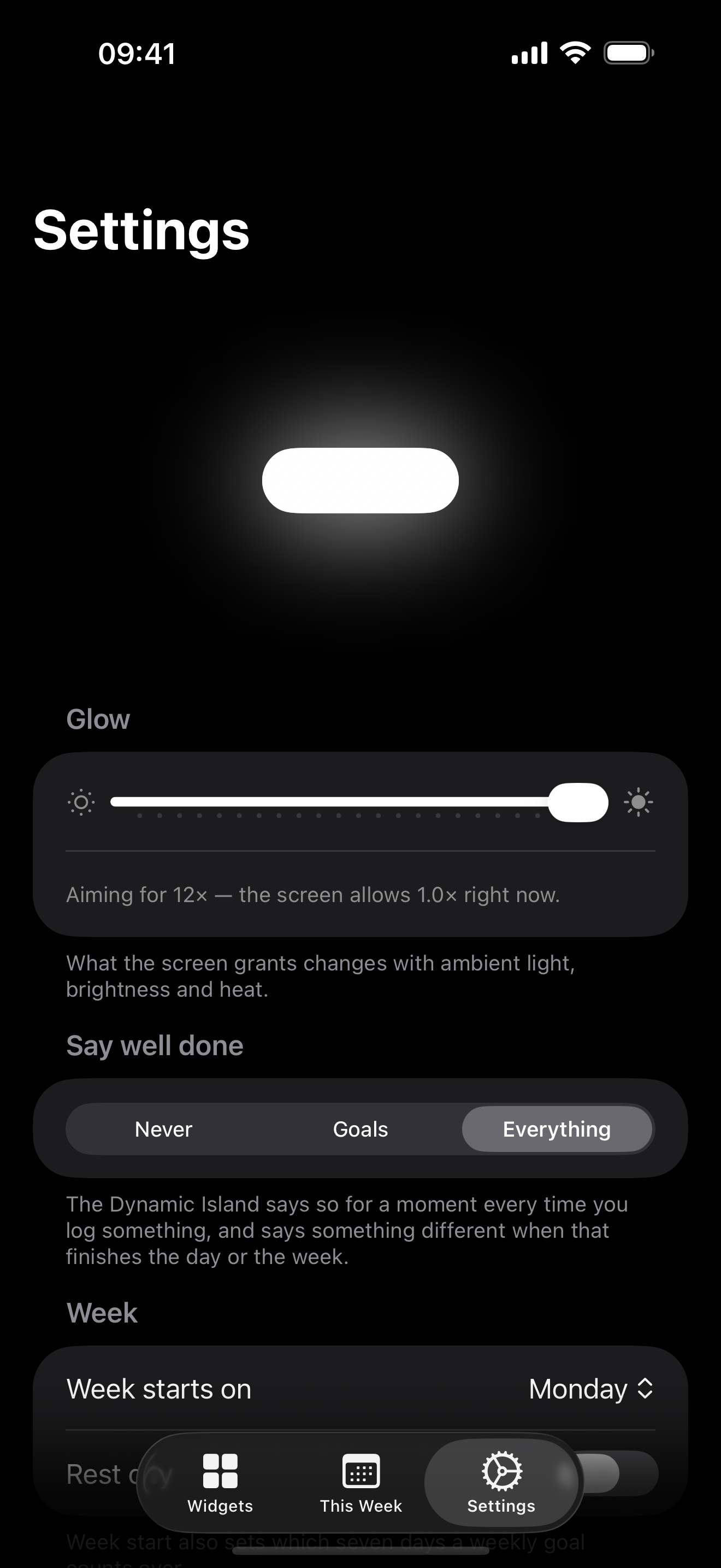 App Store screenshot: the glow brightness slider in Glow Up settings