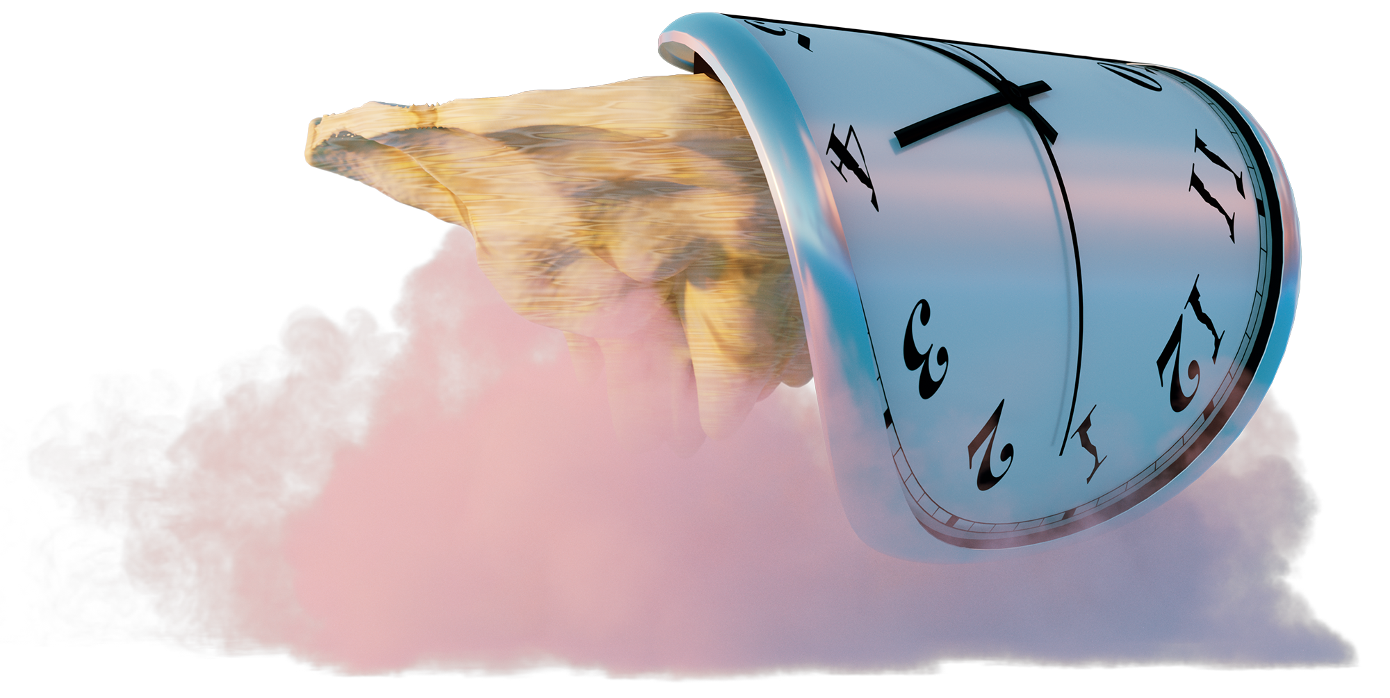 Melting clock with Roman numerals floating above pink smoke on black background.