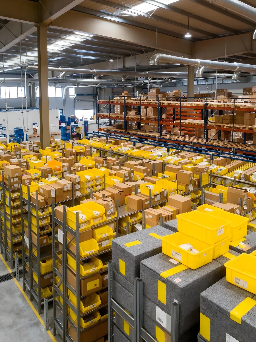 Interior of a warehouse with metal shelves holding numerous cardboard boxes and yellow plastic bins under industrial lighting.