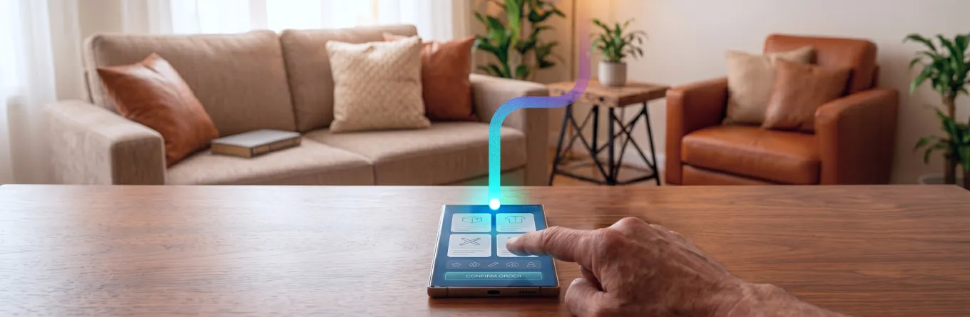 Person's finger tapping a smartphone screen showing meal and clothing order icons on a wooden table.