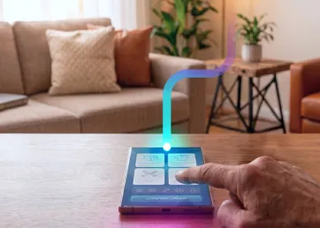 Person's finger tapping a smartphone screen showing meal and clothing order icons on a wooden table.
