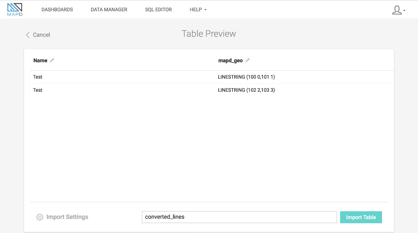 LINESTRING data column