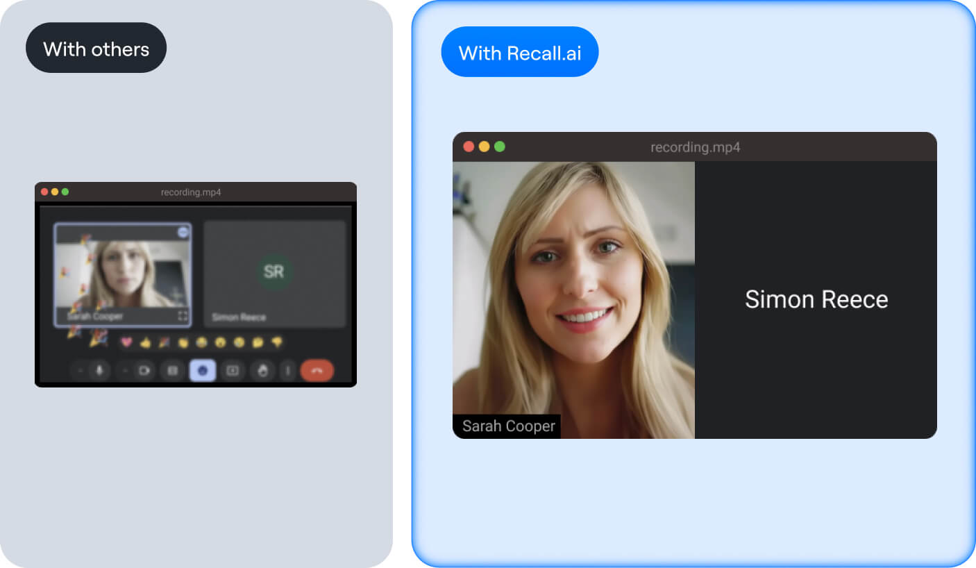 Side-by-side video call screenshots comparing a blurry video on the left labeled 'With others' and a clear, sharp video of a smiling blonde woman on the right labeled 'With Recall.ai'.