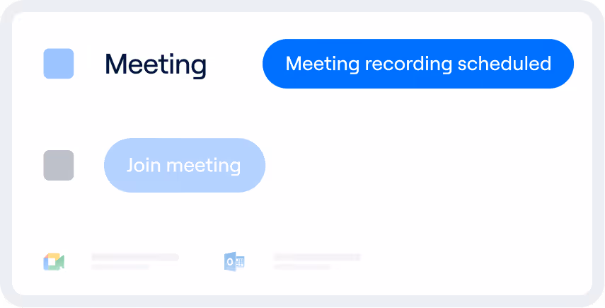 Meeting dialog box showing status as 'Meeting recording scheduled' with a disabled 'Join meeting' button and icons for video call and calendar.