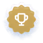 Gold trophy icon inside a gold scalloped badge with a blue outline.