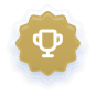 Gold trophy icon inside a gold scalloped badge with a blue outline.