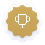 Gold badge with a white trophy icon in the center and scalloped edges.