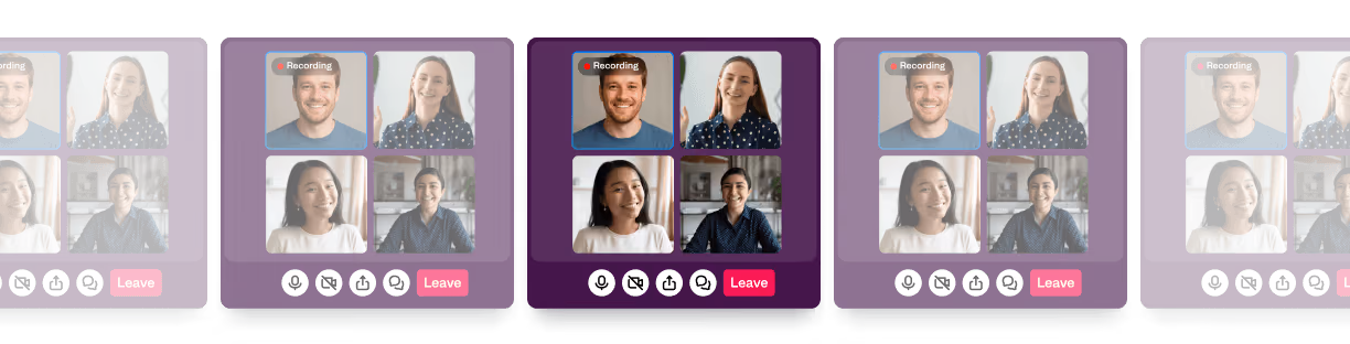 Repeated video call interface showing four participants, with one participant's video marked as recording and a red 'Leave' button below.