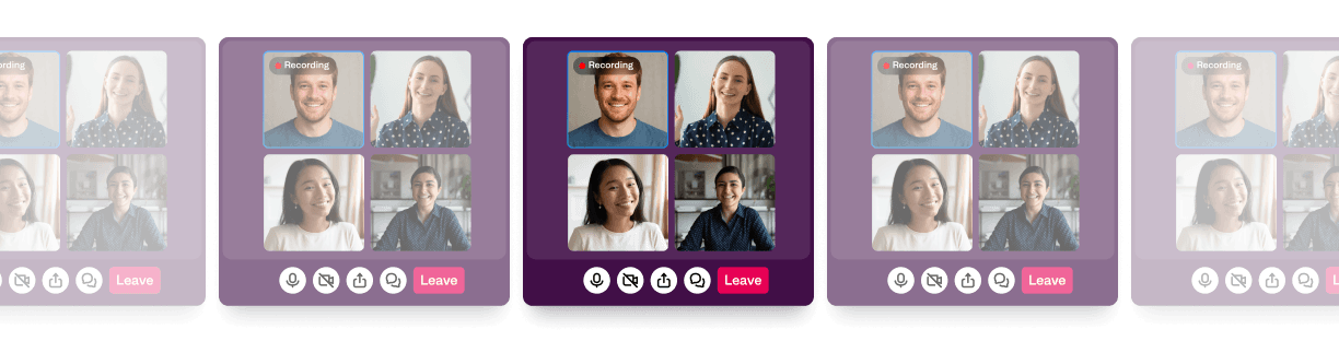 Repeated video call interface showing four participants, with one participant's video marked as recording and a red 'Leave' button below.