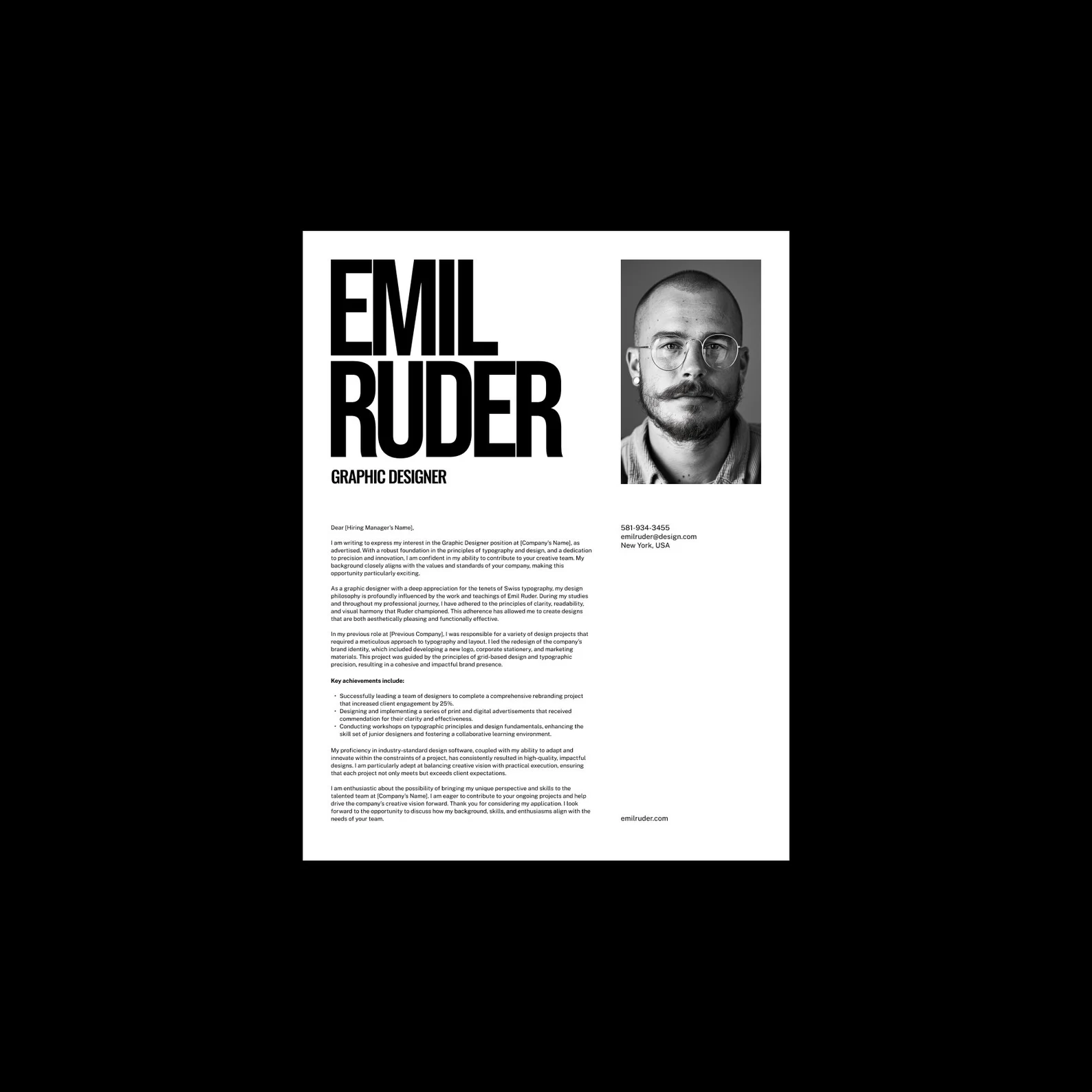 Cover letter layout featuring a profile image at the top right corner, with a balanced composition of image and text.