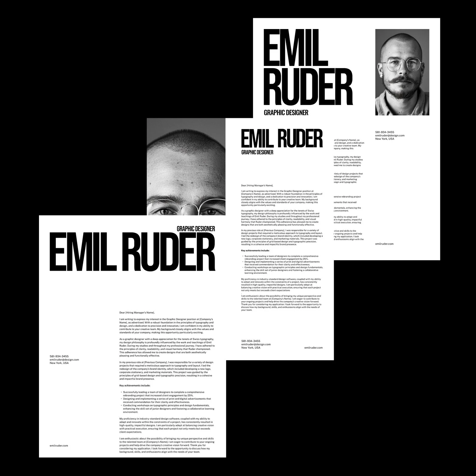 Three superposed cover letter layouts stacked upwards, showcasing different design variations in a clean, professional style.