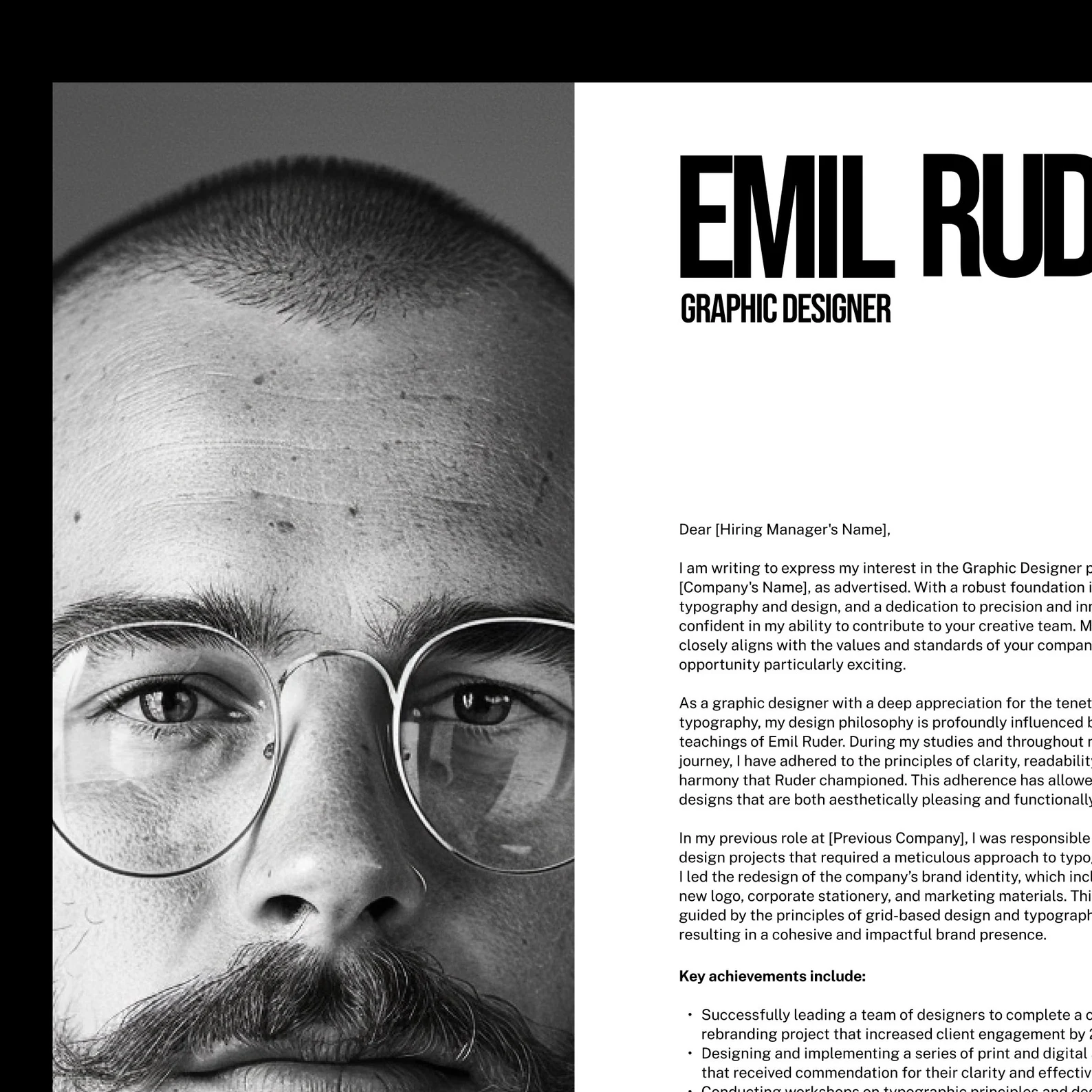Cover letter design divided into half image and half text, emphasizing a sleek, professional layout with clear typography.