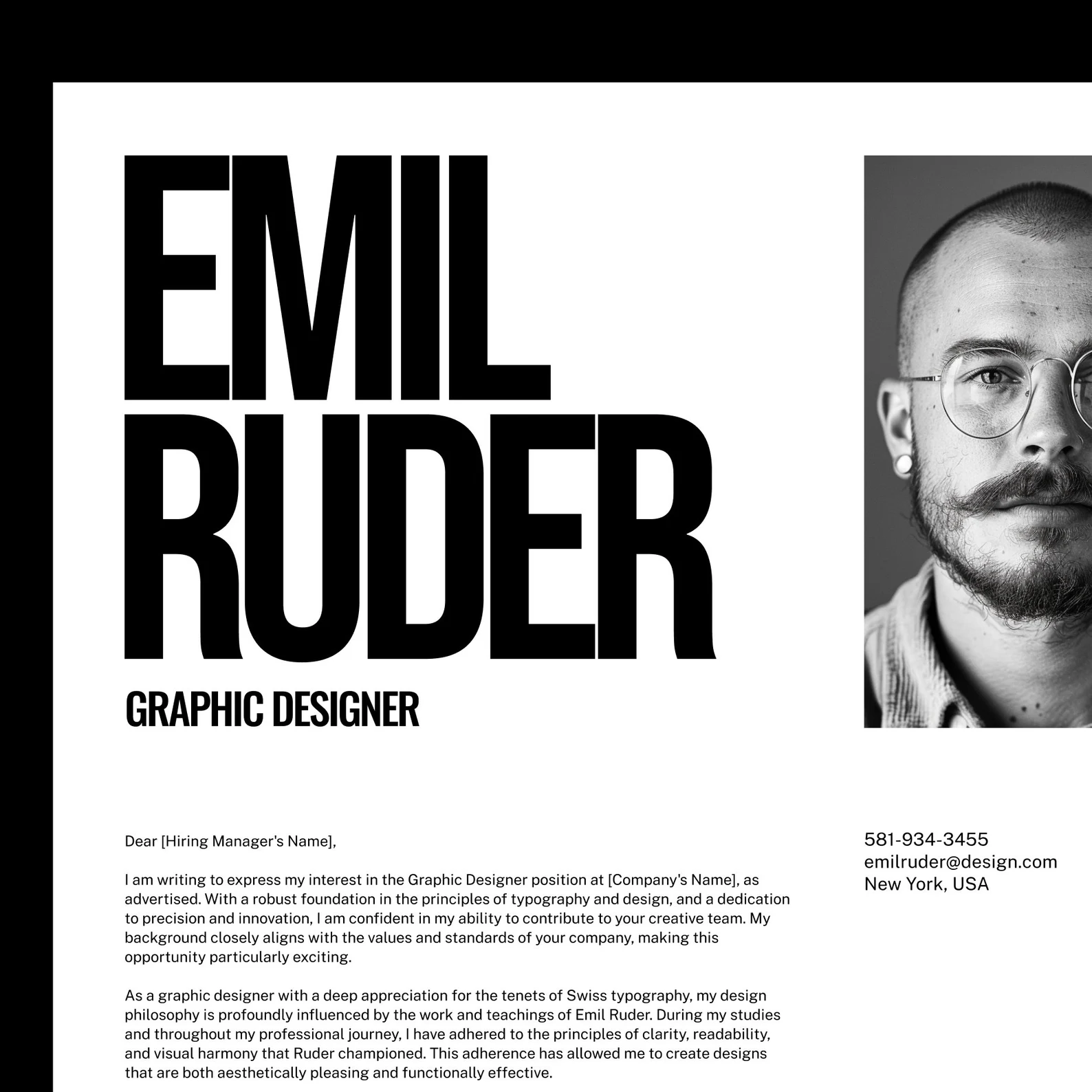 Zoomed-in view of the top left corner of the cover letter layout, showcasing the large, bold name in modern, clean type.