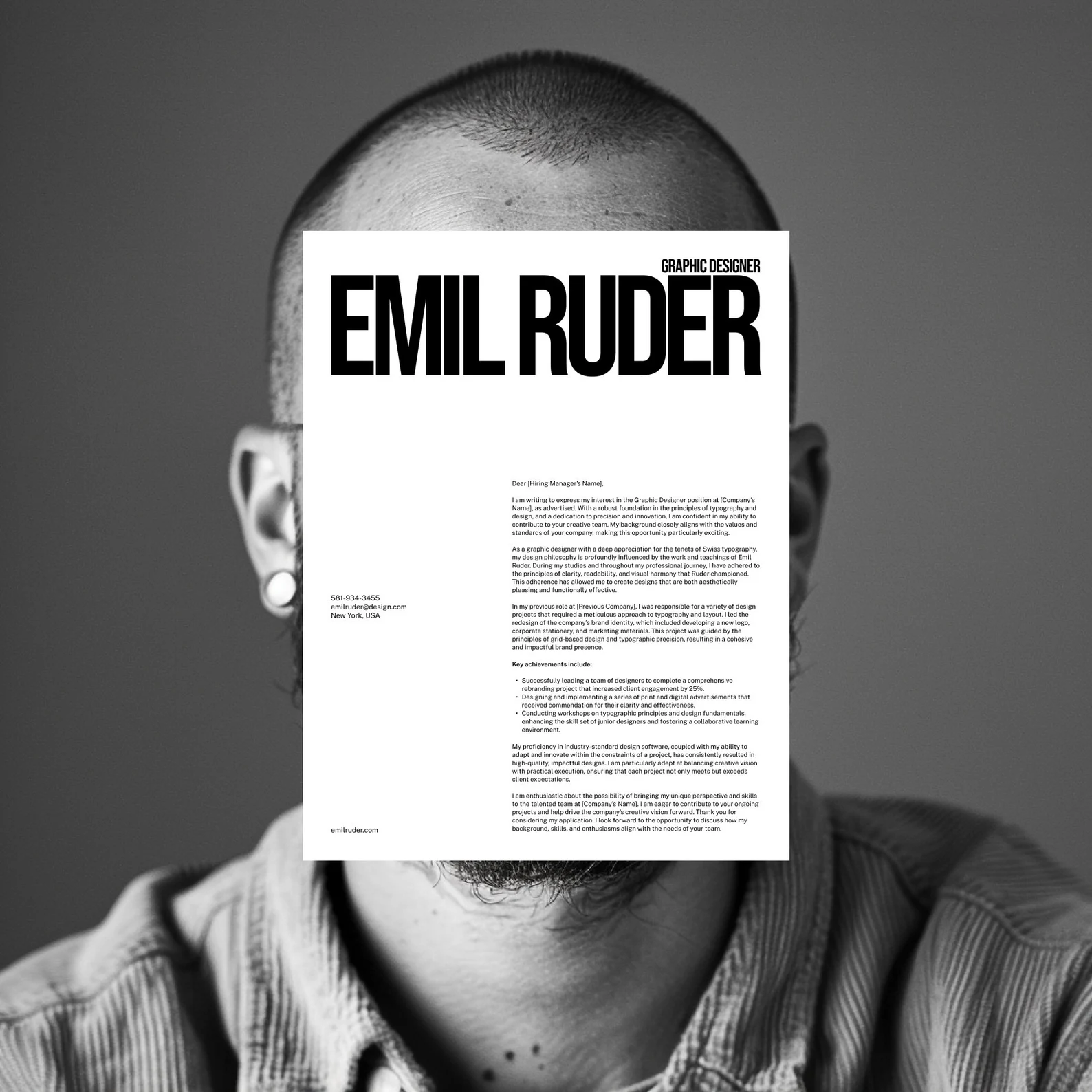 Cover letter layout overlaid on the face of a person, highlighting the template's modern, clean design and how it integrates with profile images.