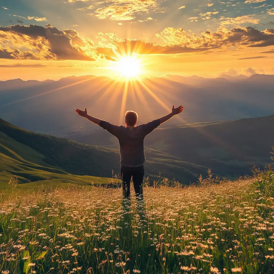 A person standing in a wildflower meadow with arms raised toward the sunrise