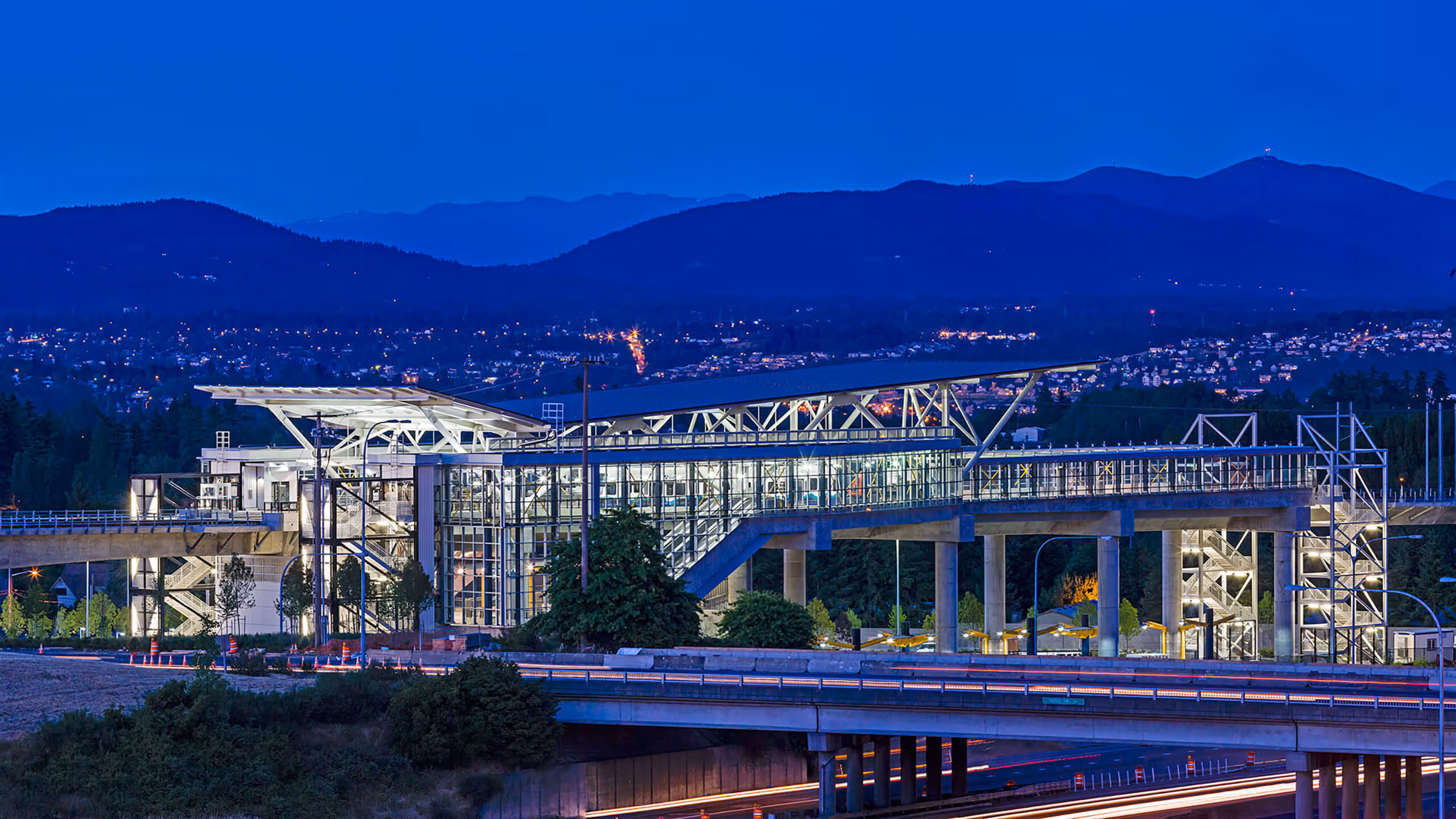 Sound Transit Link Light Rail Tukwila Station at night, Tukwila, Washington