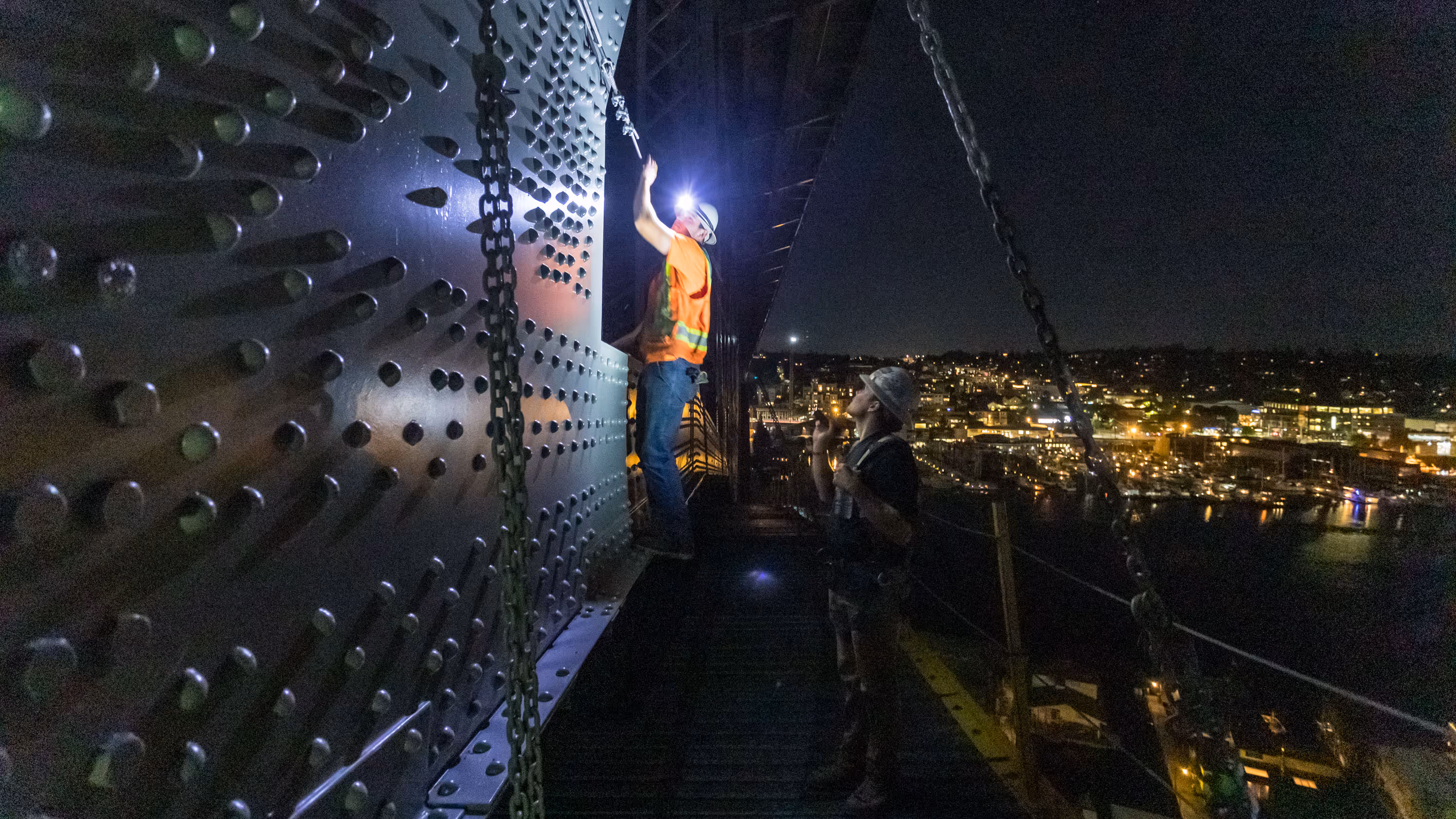 George Washington Bridge aka Aurora Bridge construction at night, Seattle, Washington