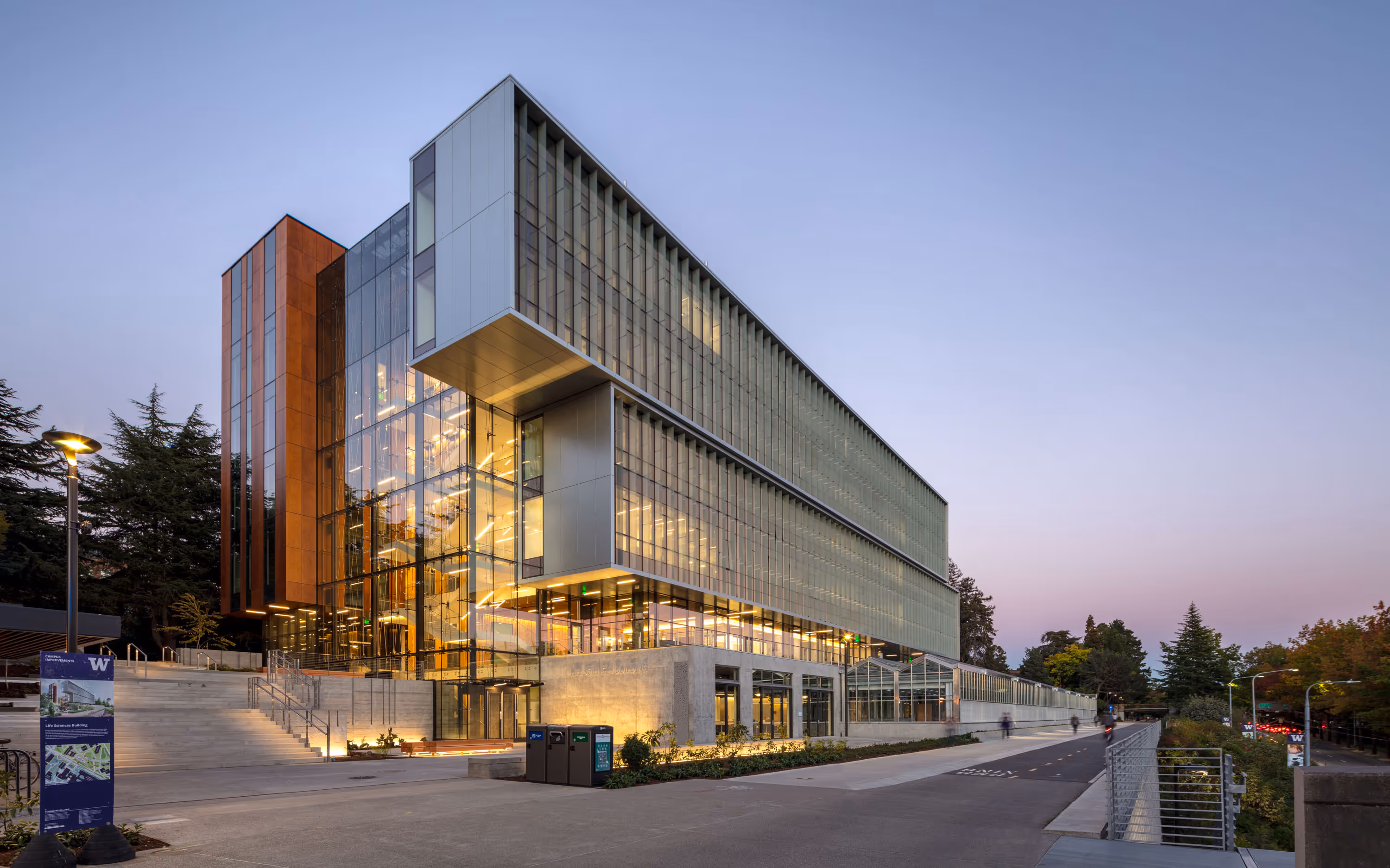 New academic building twilight exterior, University of Washington, Seattle