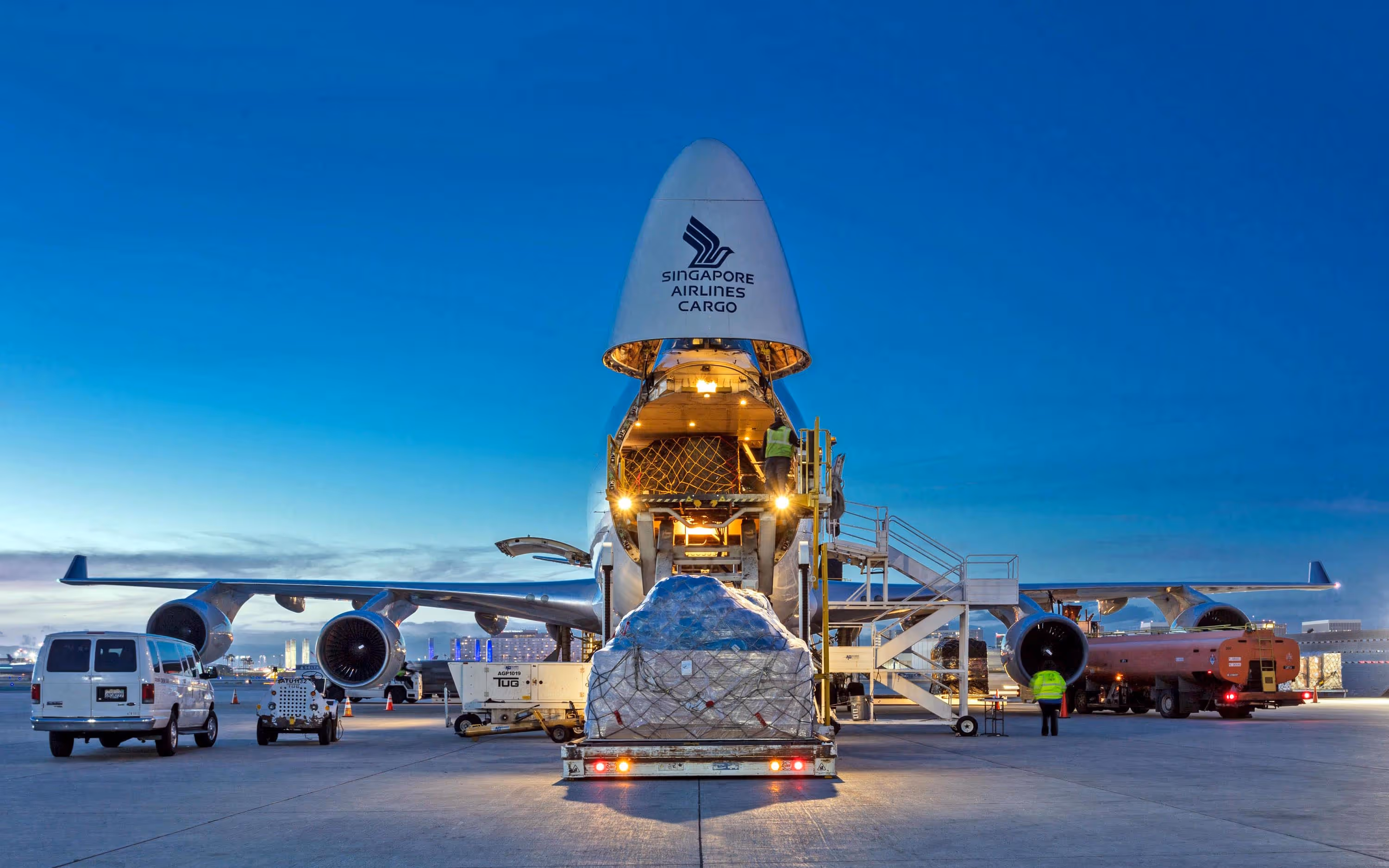 Singapore Air Cargo 747 freighter with nose open and being loaded, Los Angeles International Airport, Los Angeles, California