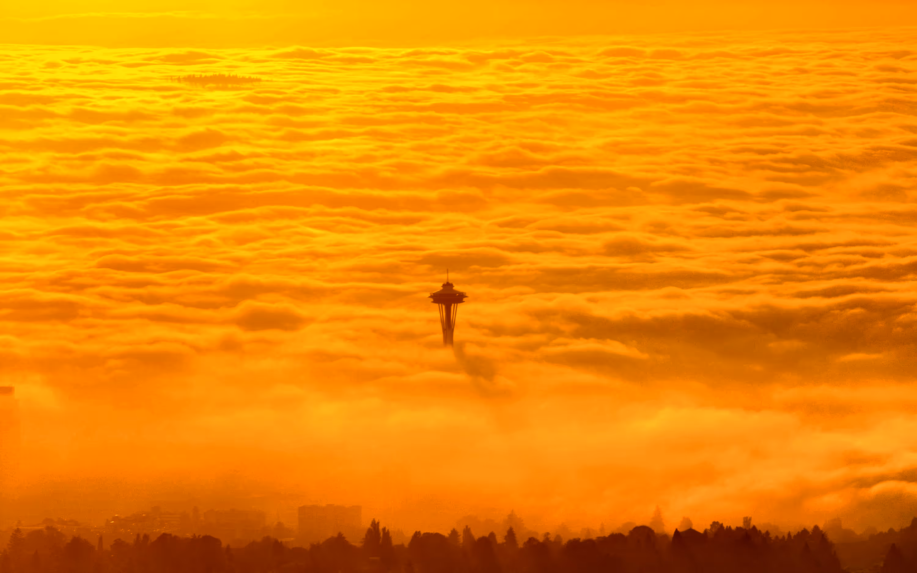 Aerial photo of Space Needle protruding from a fog bank Seattle Washington