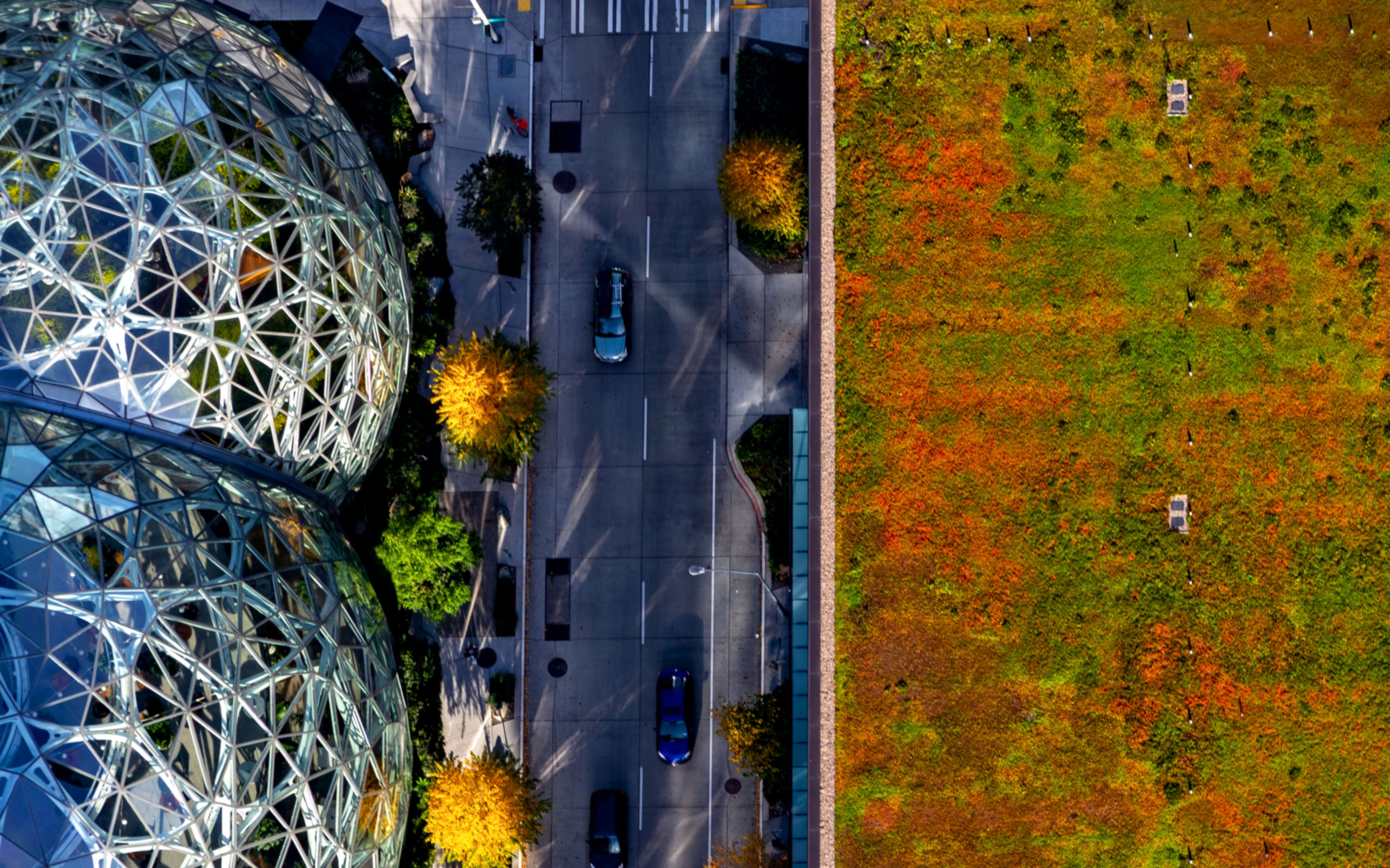 Aerial photo of Amazon Spheres, Seattle Washington
