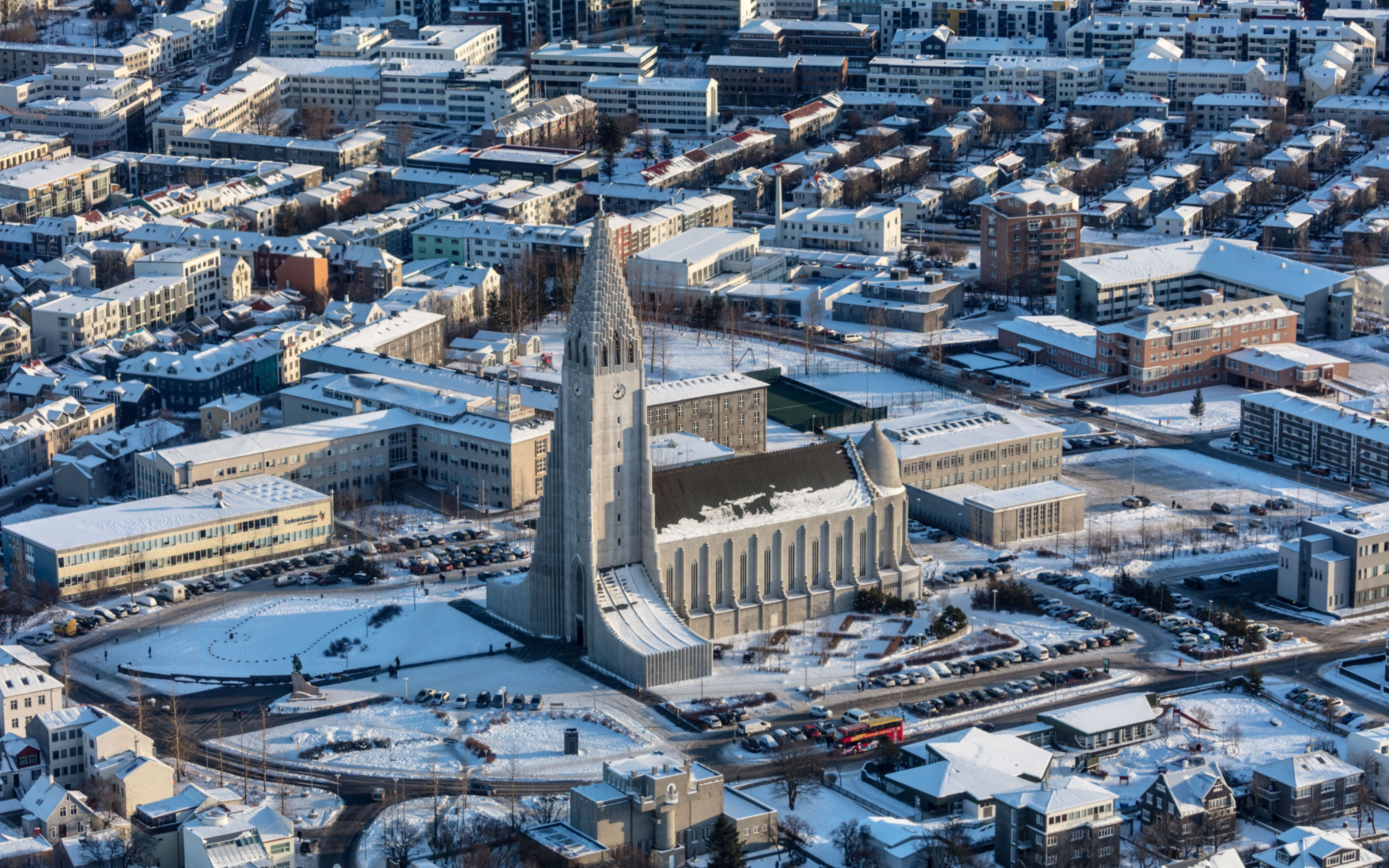 Aerial photo of Hallgrímskirkja cathedral, Reykjavik, Iceland