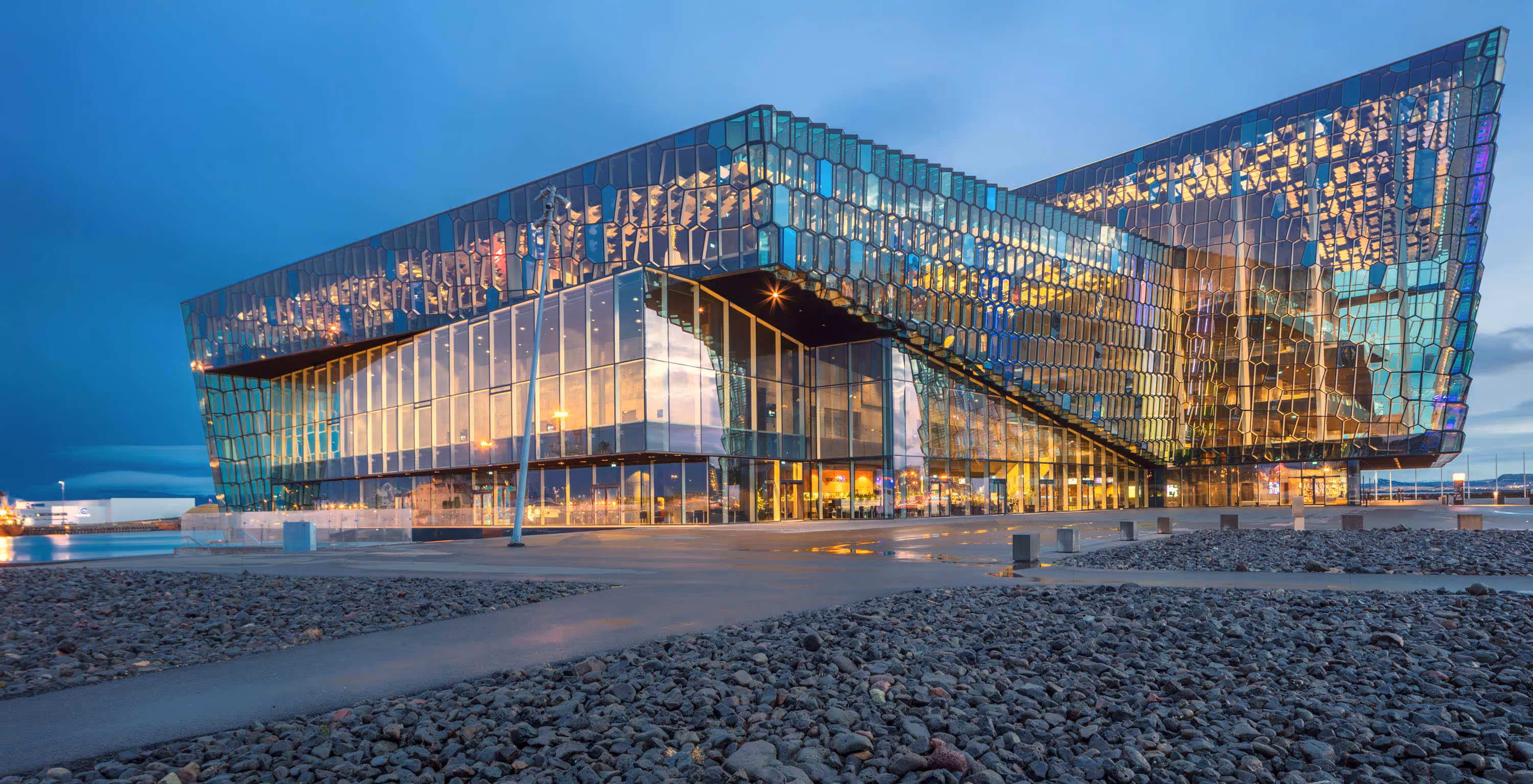 Harpa Concert Hall exterior at sunset, Reykjavik, Iceland