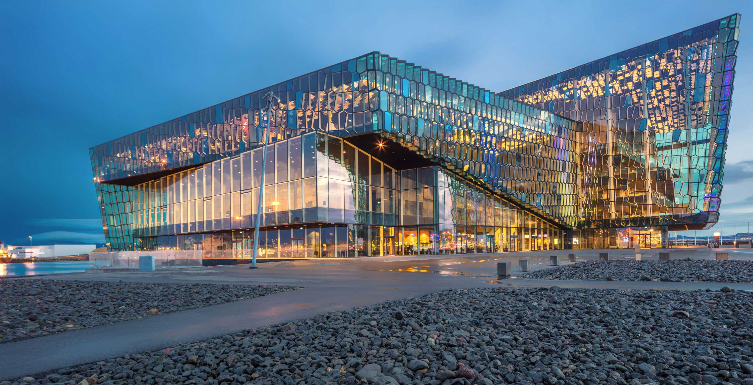 Harpa Concert Hall exterior at sunset, Reykjavik, Iceland