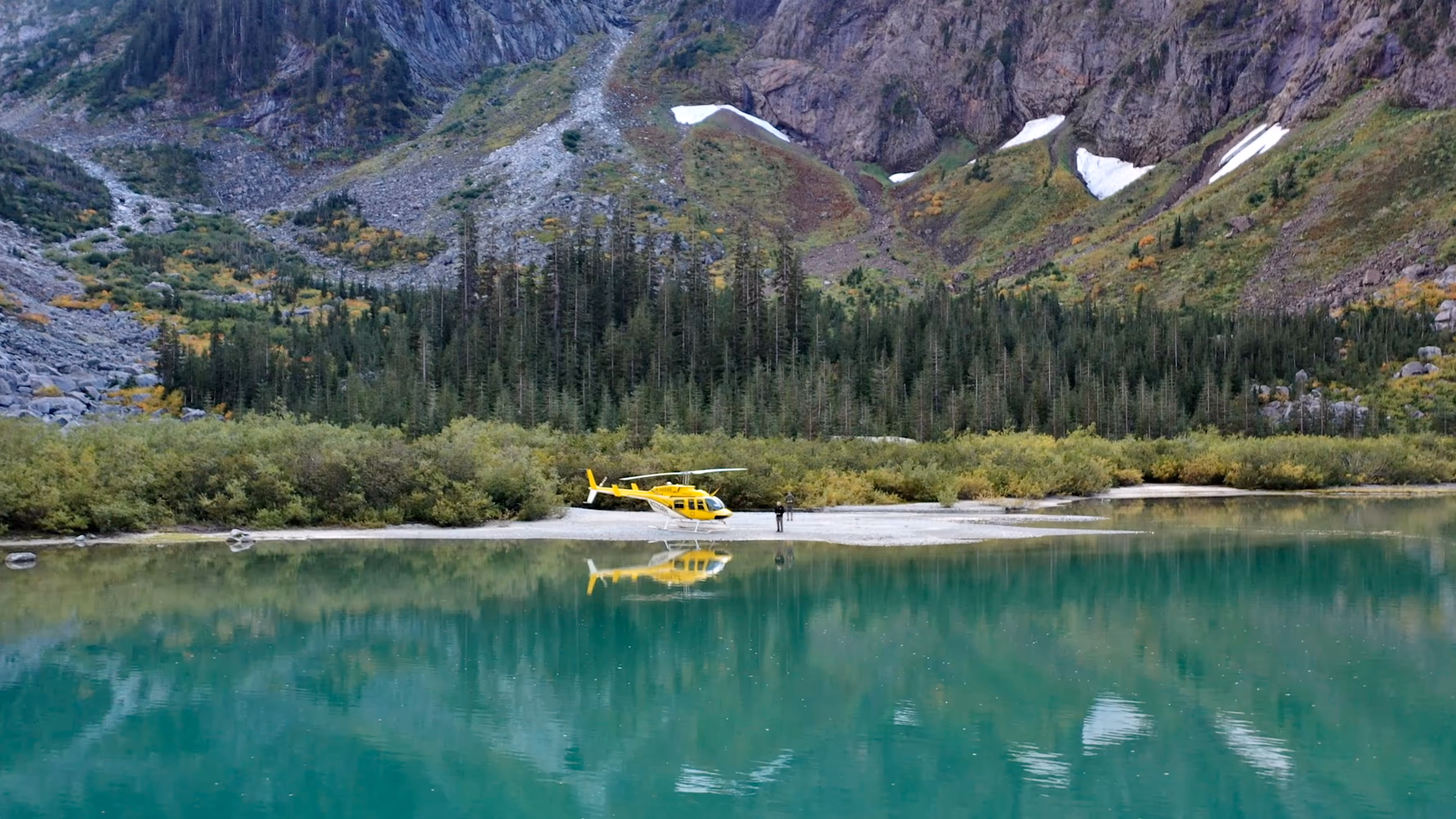 Helicopter on a beach at a mountain lake, Cascade Mountains, Washington
