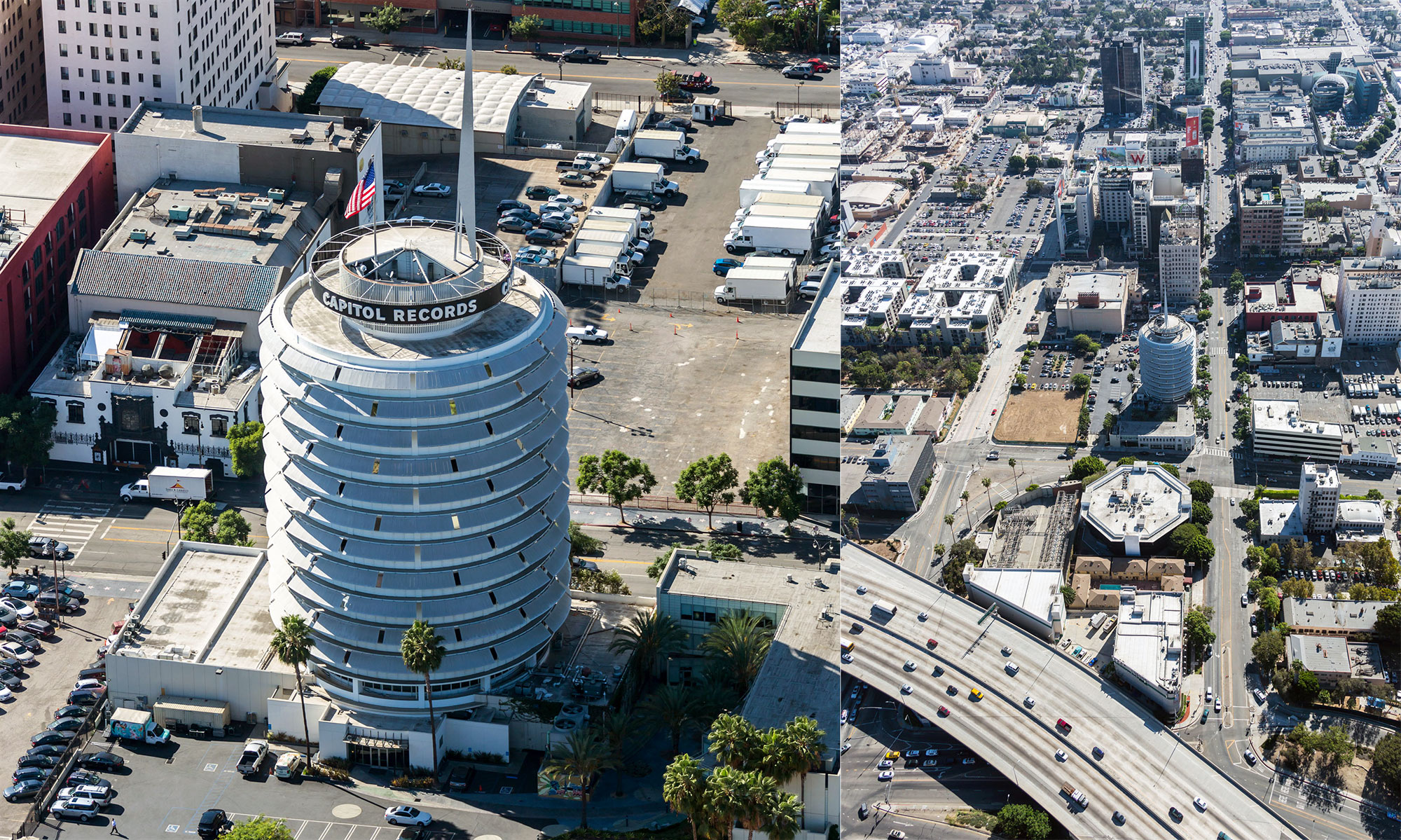 Aerial diptych of Columbia Records building, Los Angeles, California