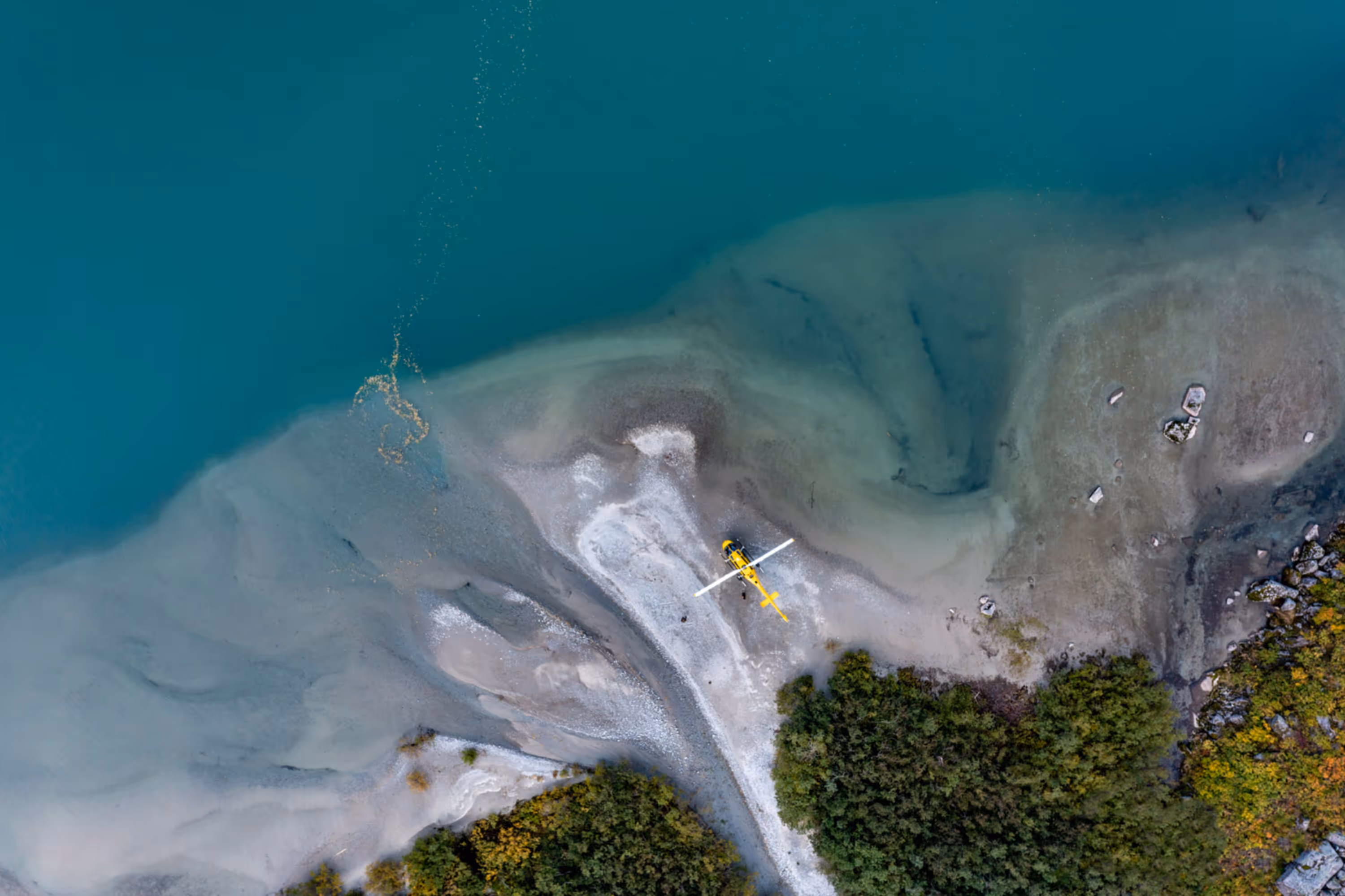 Helicopter at Cascade Mountain lake