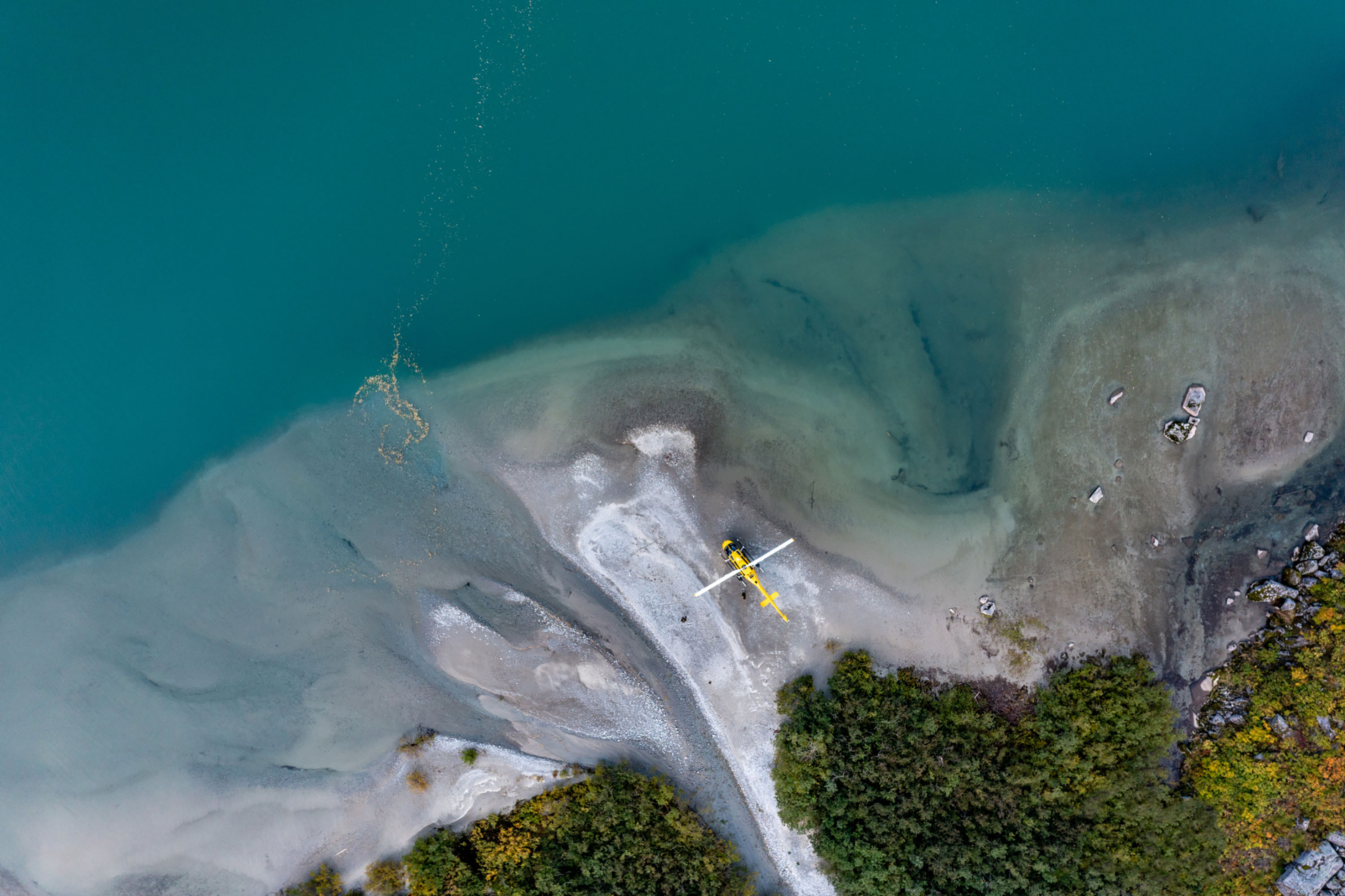 Helicopter at Cascade Mountain lake