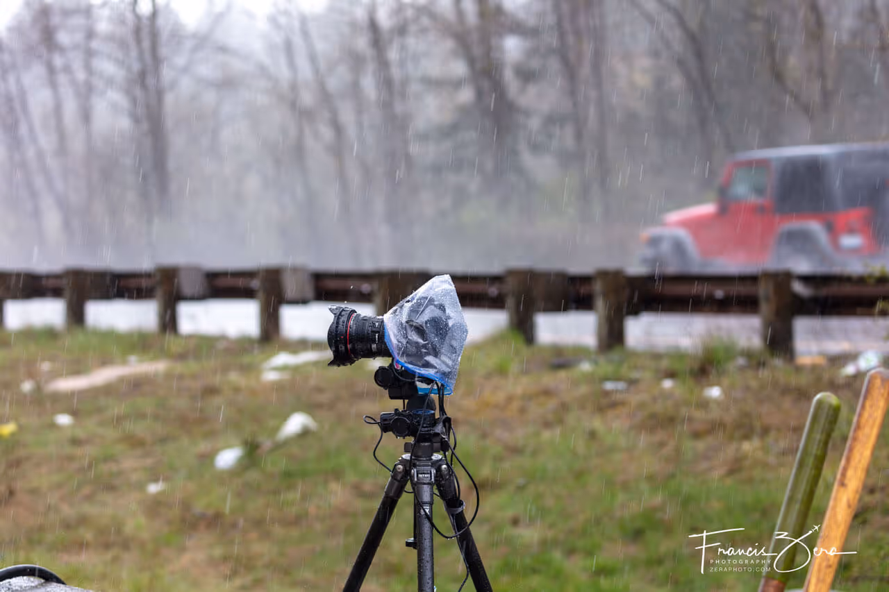 A camera on a tripod in the rain