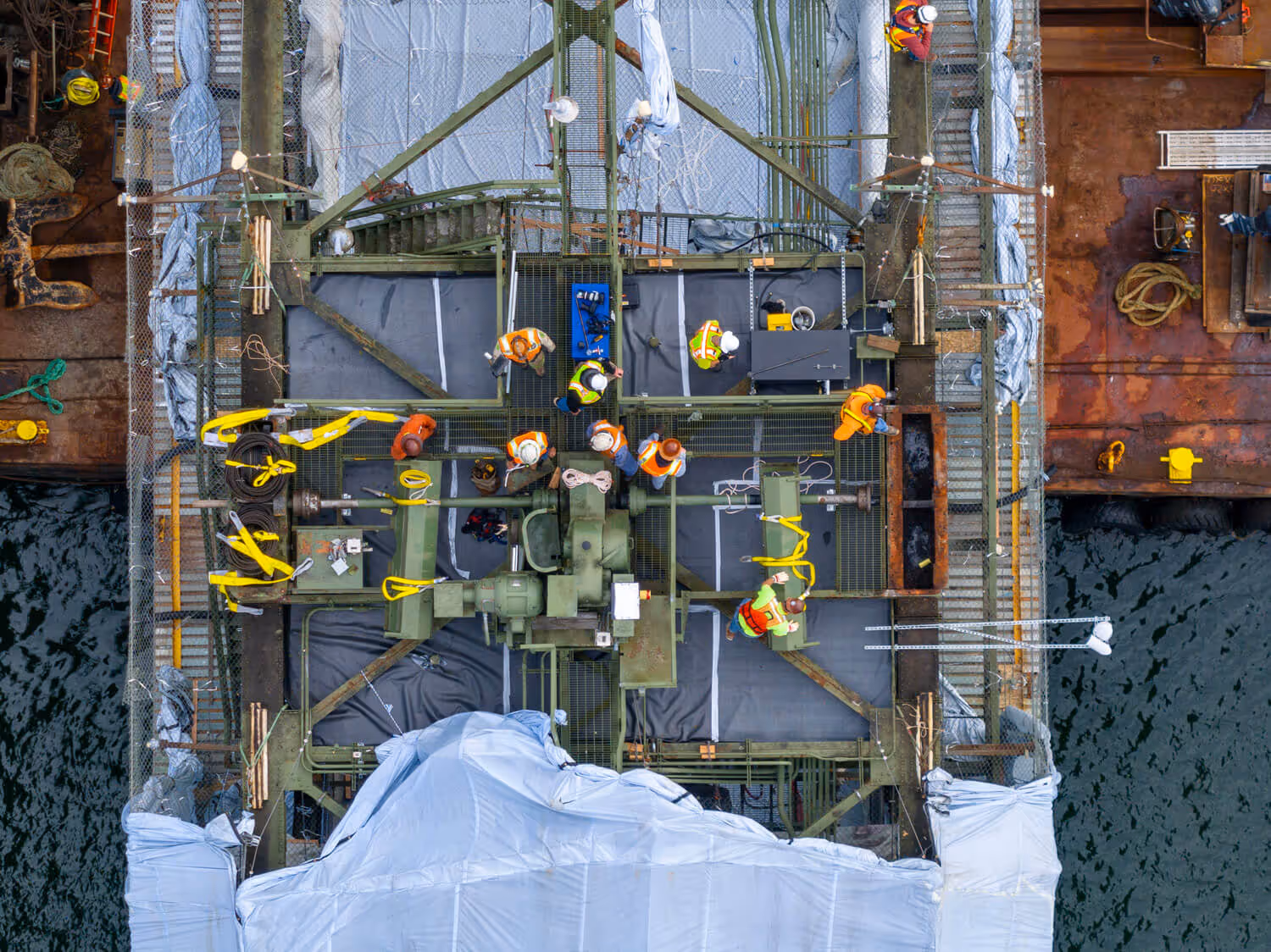 An aerial photo of a complex bridge-construction project