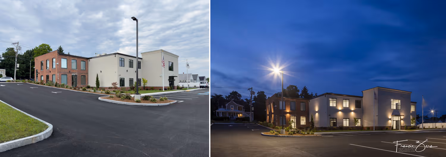 A scouting image and a finished architectural image of the same building